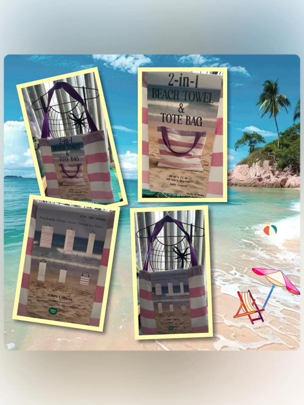 2-in-1 Beach Towel & Tote Bag - Striped Green and Pink Options